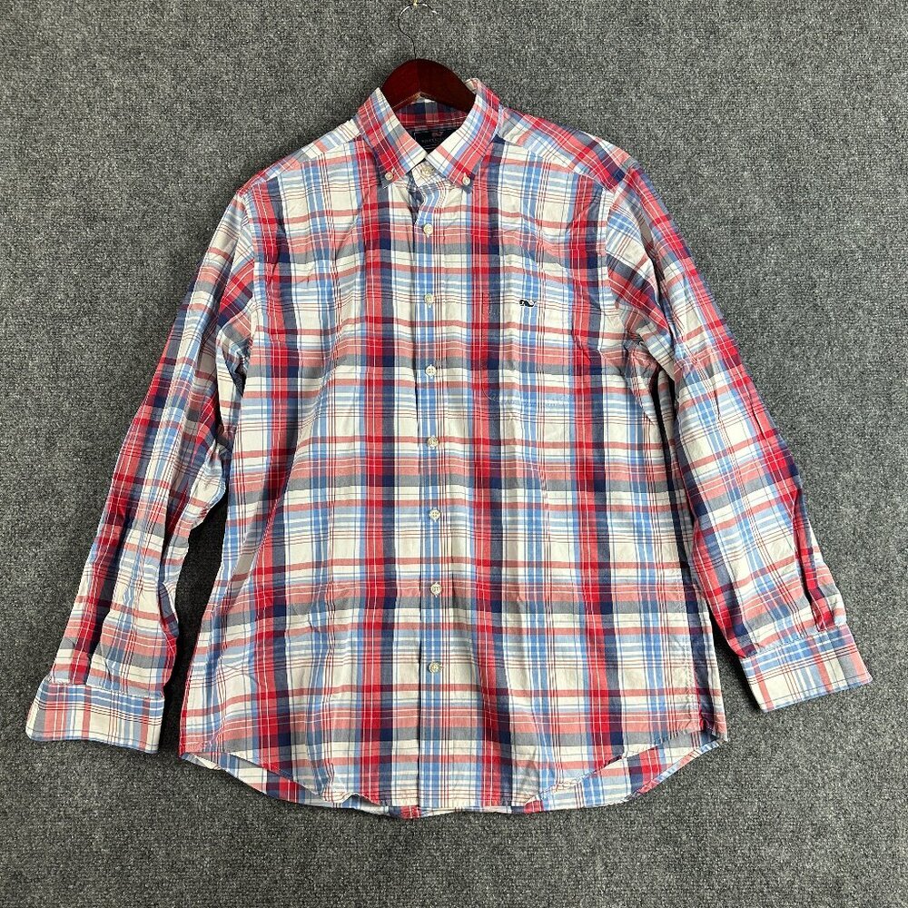 Vineyard Vines Shirt Mens Large Slim Fit Tucker Button Down Red Blue Plaid Cotto
